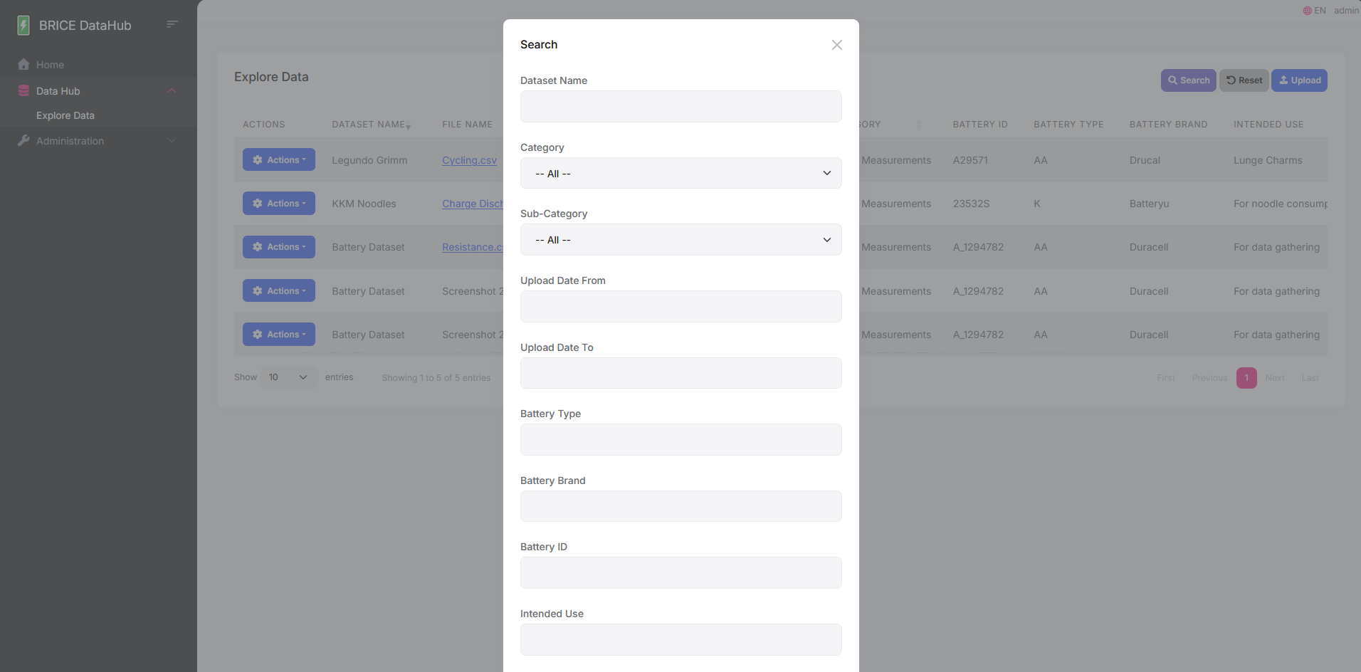 BRICE DataHub search page