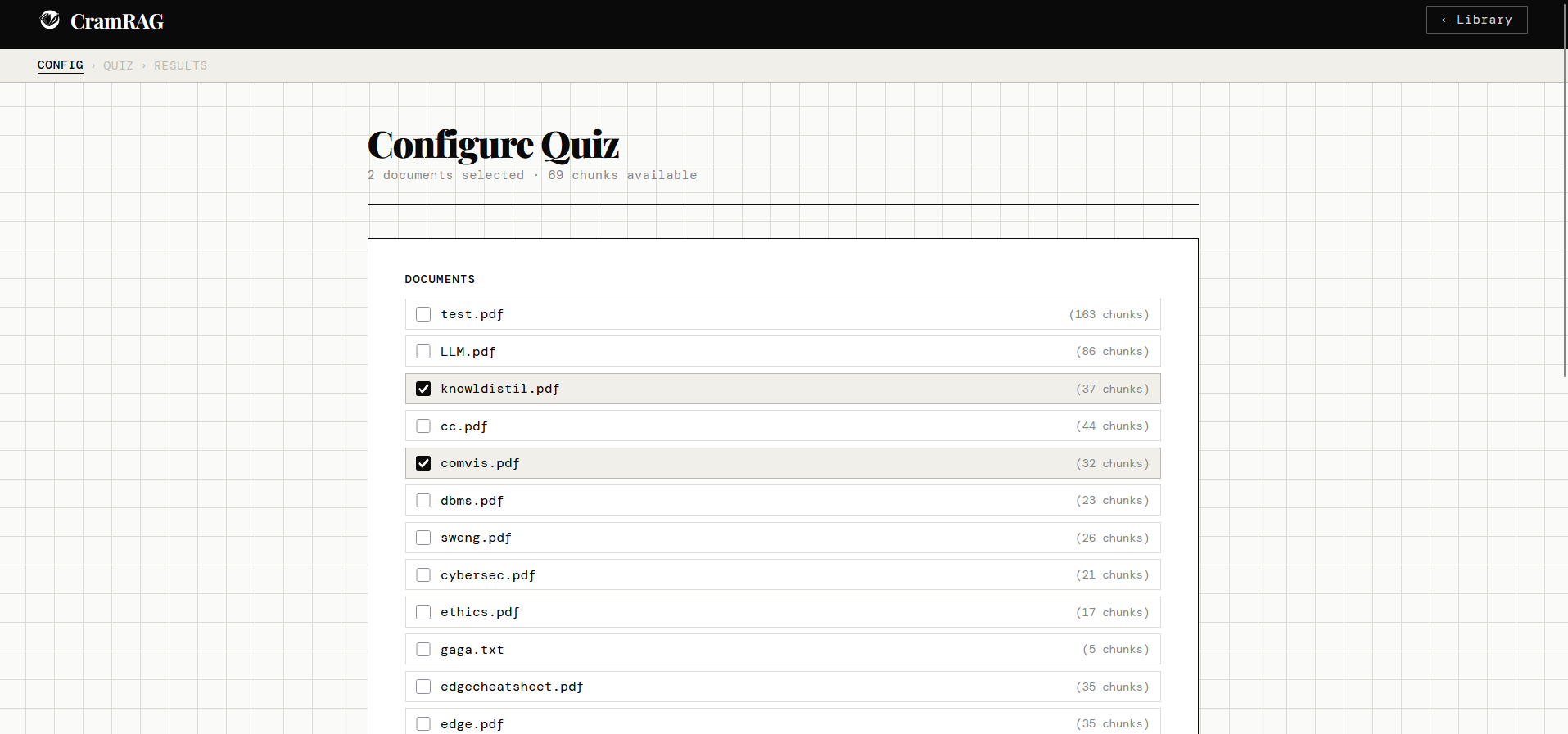 CramRAG quiz configuration screen